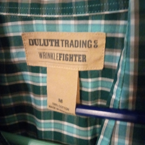 Duluth Trading Co. Wrinkle Fighter Green/Navy Plaid Long Sleeved Button Down M - Picture 5 of 7